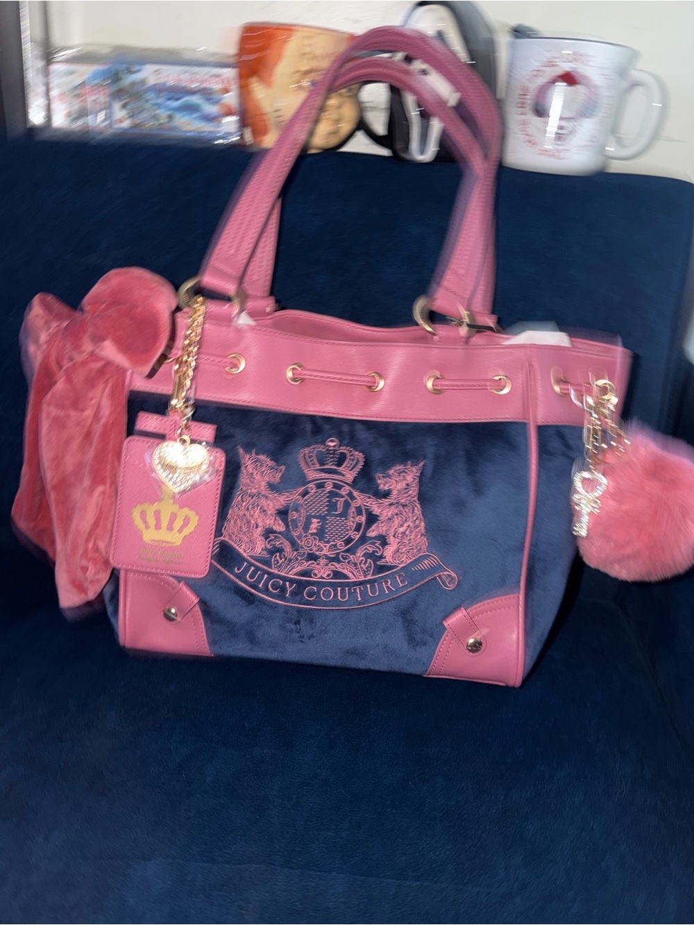 Juicy Couture Navy and Pink Embroidered Crest Tote with Charms